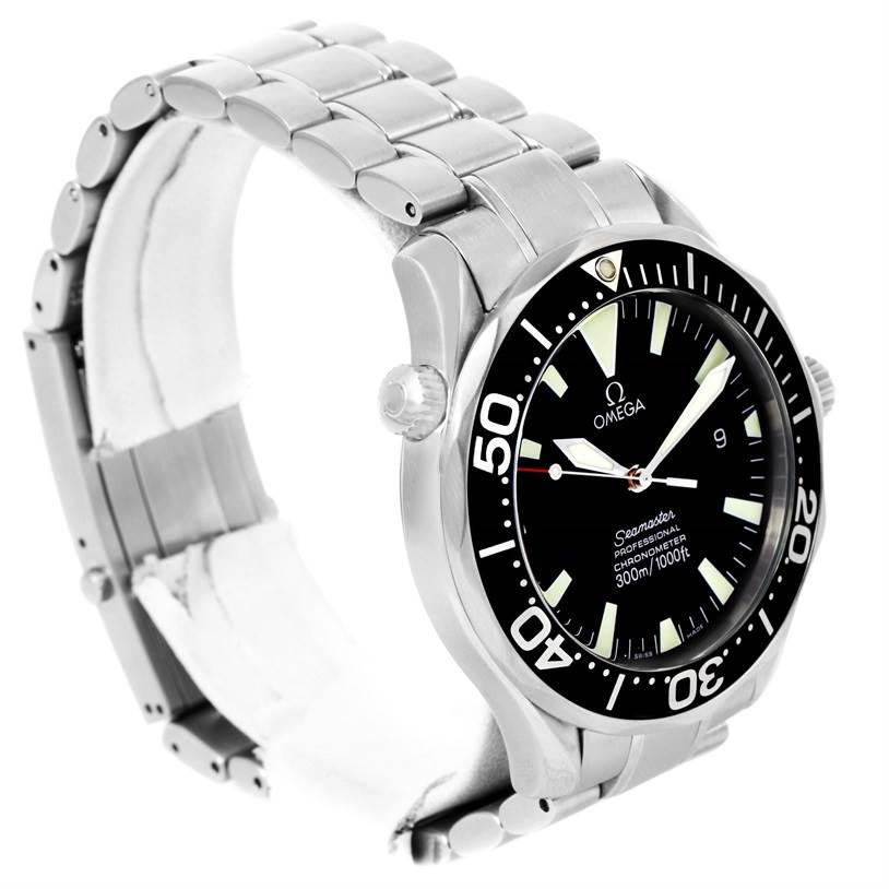 The image shows a side and front angle of the Omega Seamaster 2254.50.00 Men's Stainless Steel Black Dial 2254.50.00 Men's Stainless Steel Black Dial watch, highlighting its bezel, dial, and stainless steel bracelet.