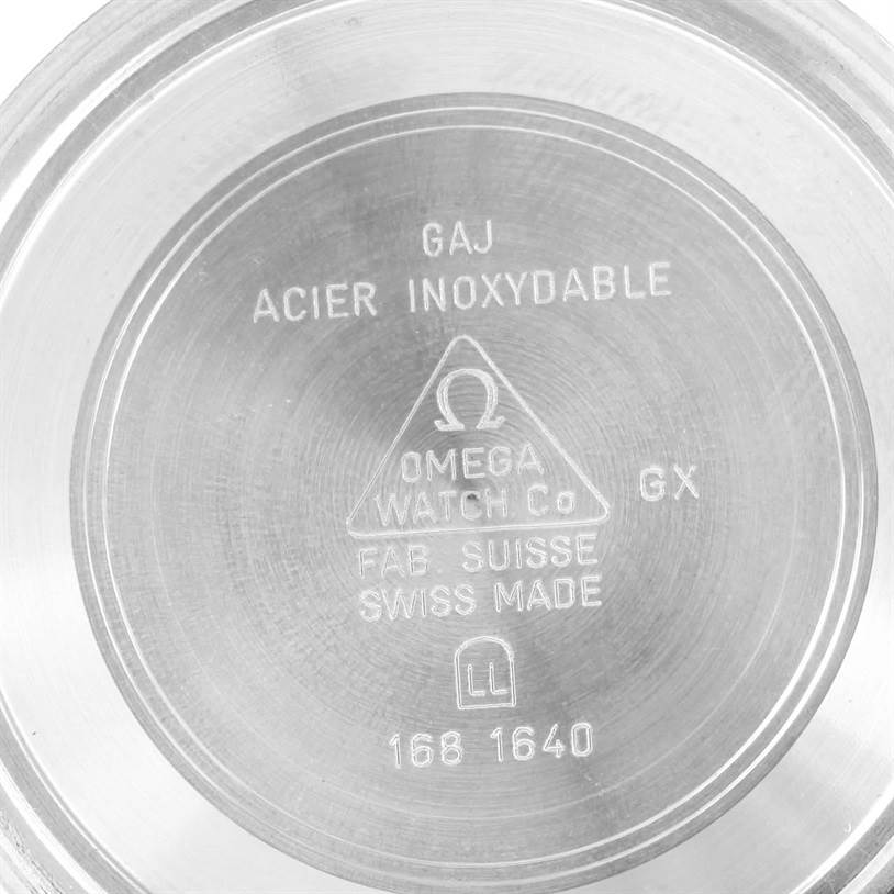 This is a close-up view of the backplate of an Omega Seamaster 2254.50.00 Men's Stainless Steel Black Dial 2254.50.00 Men's Stainless Steel Black Dial watch showing brand and manufacturing details.