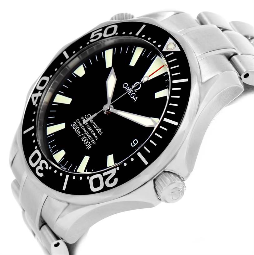 The image shows a side-angle view of an Omega Seamaster 2254.50.00 Men's Stainless Steel Black Dial 2254.50.00 Men's Stainless Steel Black Dial watch, highlighting the face, bezel, and part of the stainless steel bracelet.