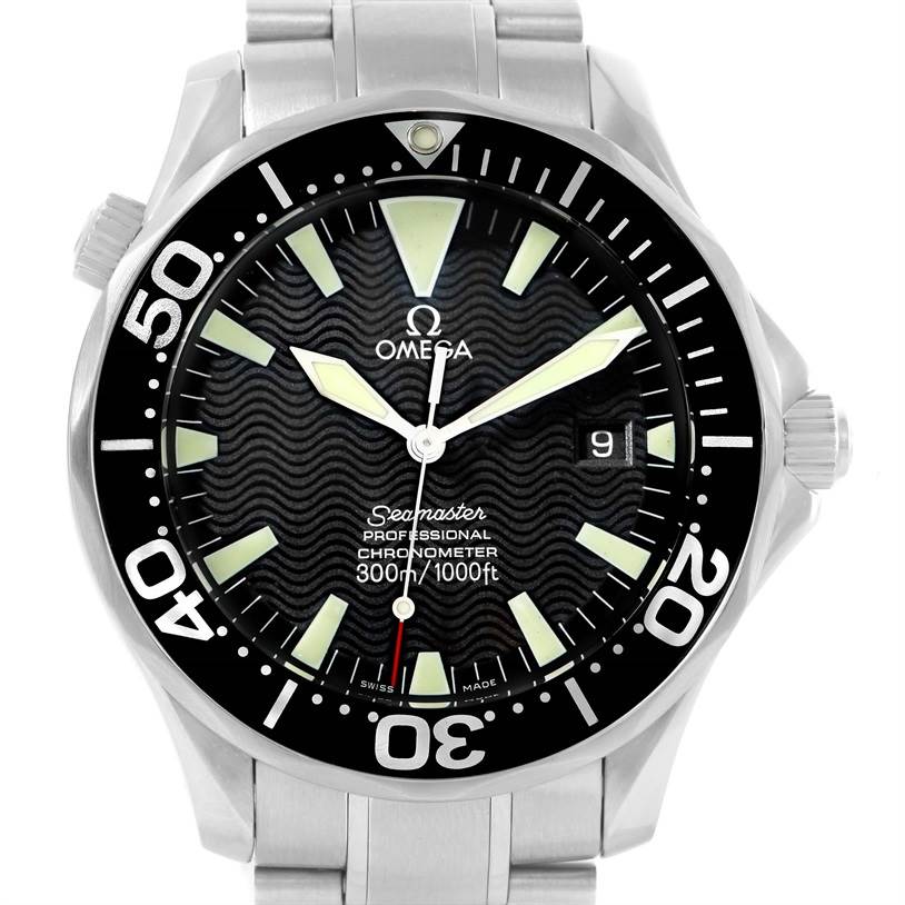 This image shows the front view of an Omega Seamaster 2254.50.00 Men's Stainless Steel Black Dial 2254.50.00 Men's Stainless Steel Black Dial watch, highlighting the dial, bezel, hands, and bracelet.