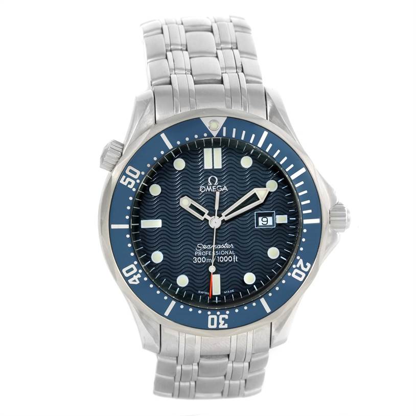 This image shows a front view of an Omega Seamaster 2541.80.00 Men
s Stainless Steel Blue Dial 2541.80.00 Men
s Stainless Steel Blue Dial watch, highlighting the dial, bezel, and bracelet.