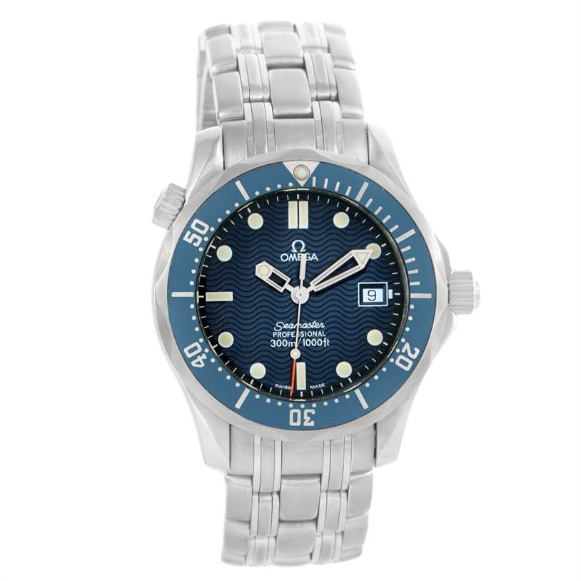 The image shows an Omega Seamaster 2561.80.00 Men
s Stainless Steel Blue Dial 2561.80.00 Men
s Stainless Steel Blue Dial watch from the front, highlighting the dial, bezel, crown, and bracelet.