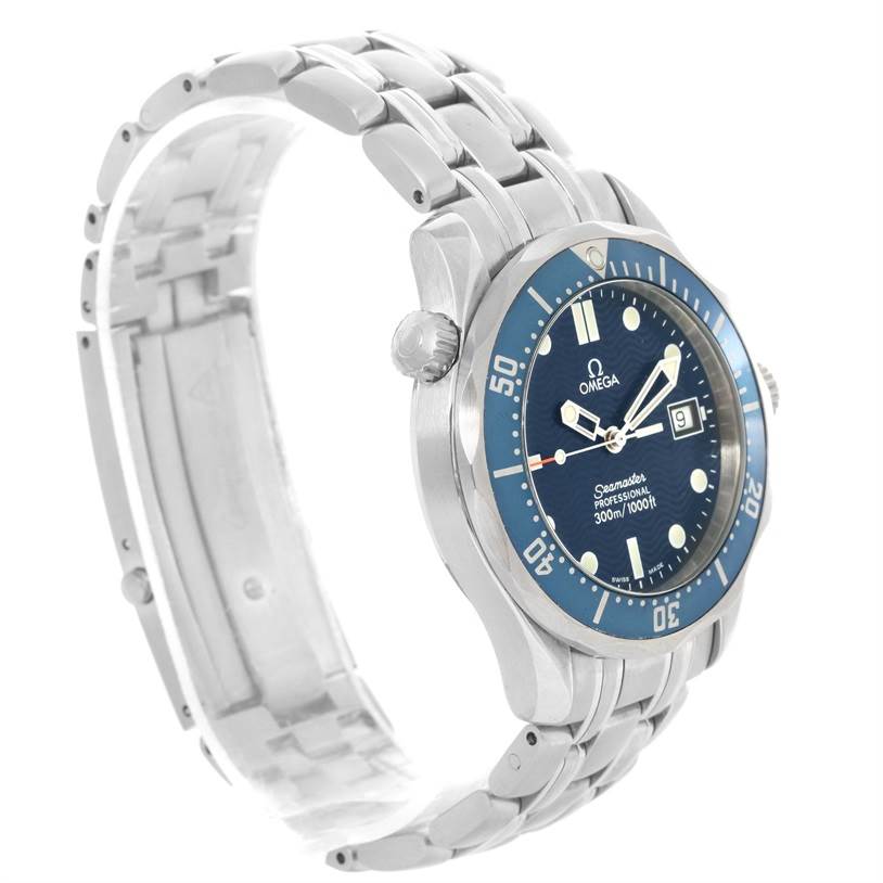 The Omega Seamaster 2561.80.00 Men
s Stainless Steel Blue Dial 2561.80.00 Men
s Stainless Steel Blue Dial watch is shown at a slightly tilted side angle, displaying the bracelet, case, and bezel.