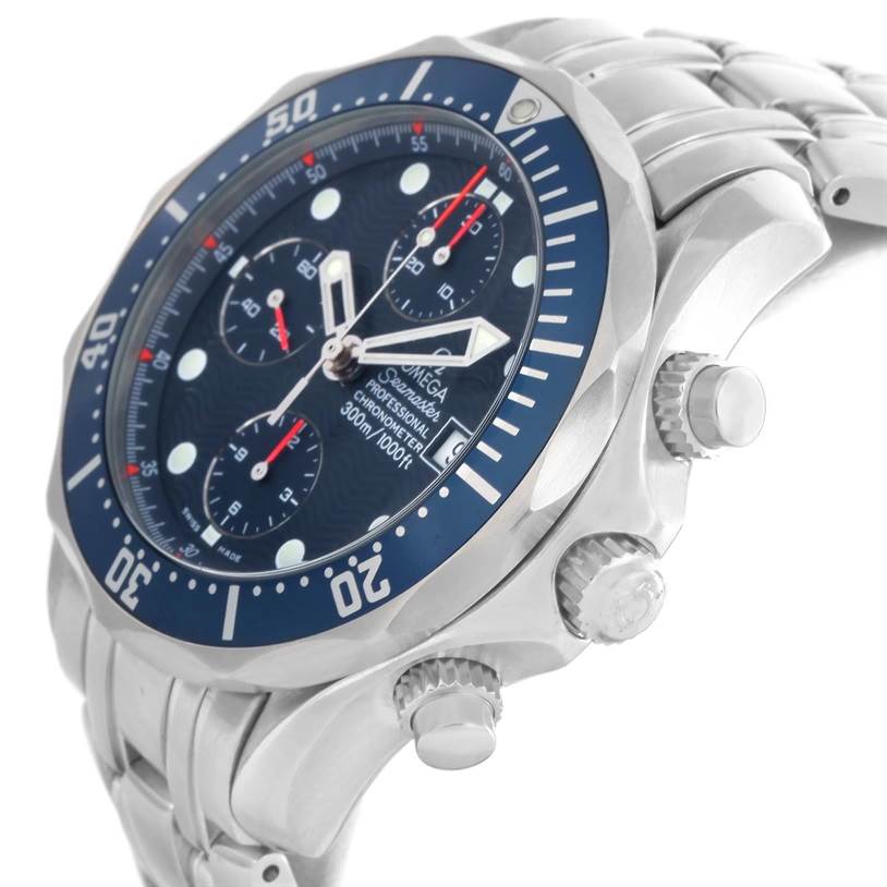 The image shows a side angle of the Omega Seamaster 2599.80.00 Men
s Stainless Steel Blue Dial 2599.80.00 Men
s Stainless Steel Blue Dial watch highlighting the crown, pushers, and part of the stainless steel bracelet.