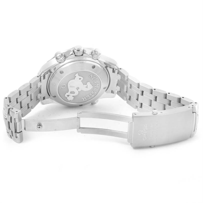 The image shows the back case, clasp, and bracelet of the Omega Seamaster 213.30.42.40.01.001 Men
s Stainless Steel Black Dial 213.30.42.40.01.001 Men
s Stainless Steel Black Dial watch from a rear angle.