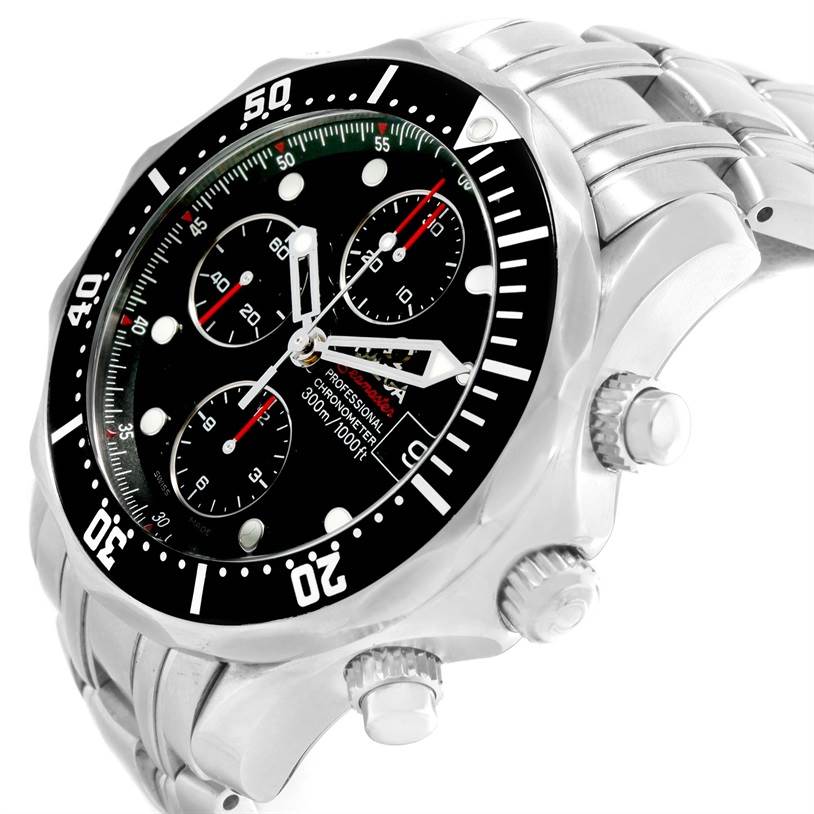 The image shows an angled close-up of the Omega Seamaster 213.30.42.40.01.001 Men
s Stainless Steel Black Dial 213.30.42.40.01.001 Men
s Stainless Steel Black Dial watch, highlighting the dial, bezel, and part of the bracelet.