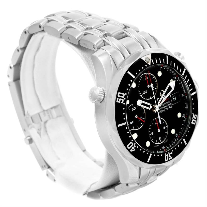 The Omega Seamaster 213.30.42.40.01.001 Men
s Stainless Steel Black Dial 213.30.42.40.01.001 Men
s Stainless Steel Black Dial watch is shown at a side angle, showcasing the face, bezel, crown, and stainless steel bracelet.