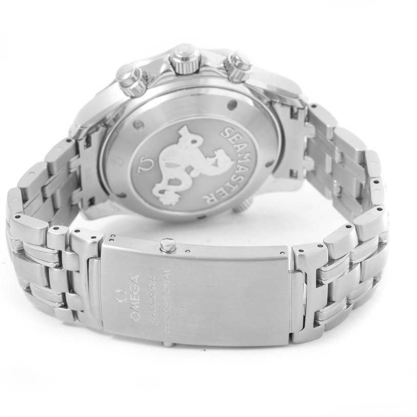 This image shows the Omega Seamaster 213.30.42.40.01.001 Men
s Stainless Steel Black Dial 213.30.42.40.01.001 Men
s Stainless Steel Black Dial watch from the back, highlighting the case back, bracelet, clasp, and pushers.