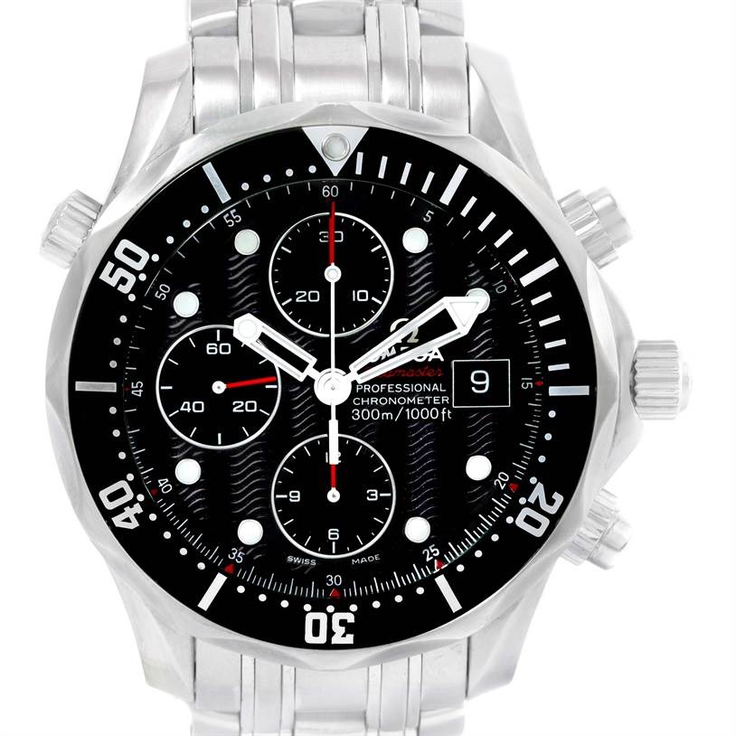 The Omega Seamaster 213.30.42.40.01.001 Men
s Stainless Steel Black Dial 213.30.42.40.01.001 Men
s Stainless Steel Black Dial watch is shown from the front, displaying the dial, bezel, and chronograph subdials.