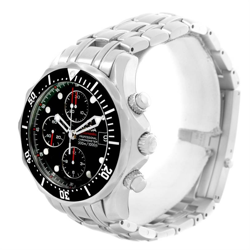 The image shows an angled view of the Omega Seamaster 213.30.42.40.01.001 Men
s Stainless Steel Black Dial 213.30.42.40.01.001 Men
s Stainless Steel Black Dial watch, highlighting the face, bezel, and bracelet.