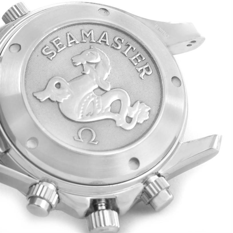 The image shows the back case of an Omega Seamaster 213.30.42.40.01.001 Men
s Stainless Steel Black Dial 213.30.42.40.01.001 Men
s Stainless Steel Black Dial watch, highlighting the Seamaster emblem and surrounding components.