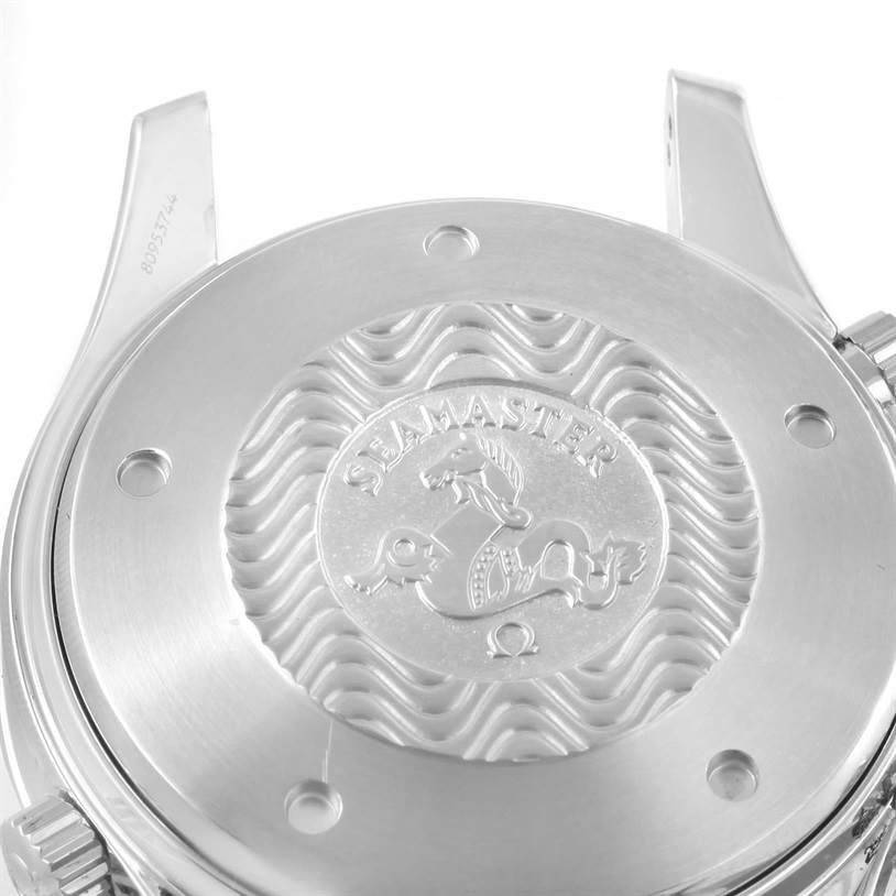This is a close-up view of the case back of an Omega Seamaster 2599.80.00 Men
s Stainless Steel Blue Dial 2599.80.00 Men
s Stainless Steel Blue Dial watch.