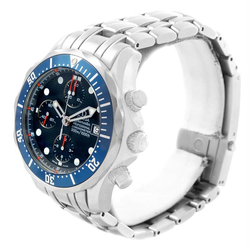 The image shows an Omega Seamaster 2599.80.00 Men
s Stainless Steel Blue Dial 2599.80.00 Men
s Stainless Steel Blue Dial watch at a three-quarter angle, highlighting the face, bezel, crown, and stainless steel bracelet.