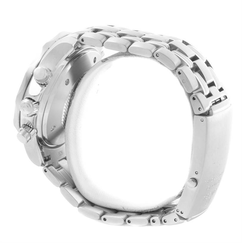 This image shows a side view of the Omega Seamaster 2599.80.00 Men
s Stainless Steel Blue Dial 2599.80.00 Men
s Stainless Steel Blue Dial
s case, crown, and stainless steel bracelet.