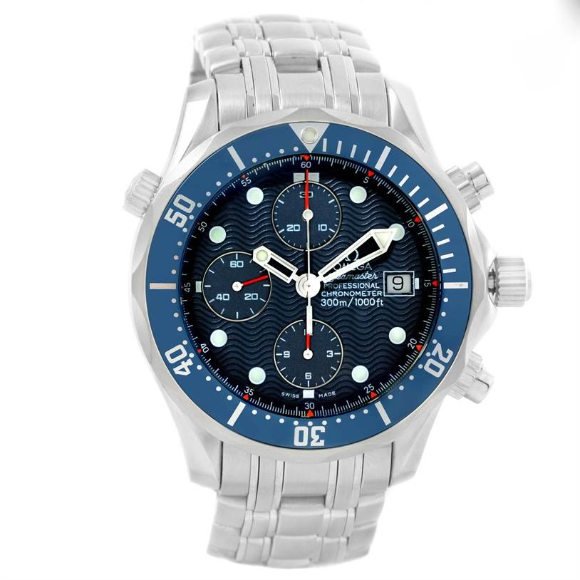 This Omega Seamaster 2599.80.00 Men
s Stainless Steel Blue Dial 2599.80.00 Men
s Stainless Steel Blue Dial watch is shown from a front angle, highlighting its dial, bezel, and bracelet.