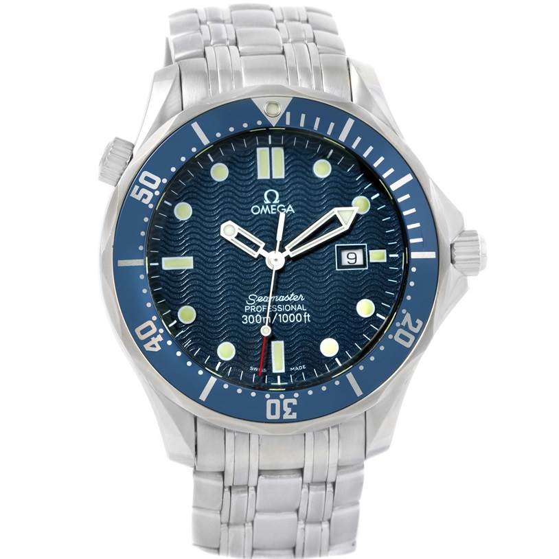 The image shows a front view of the Omega Seamaster 2541.80.00 Men
s Stainless Steel Blue Dial 2541.80.00 Men
s Stainless Steel Blue Dial watch, highlighting the dial, bezel, crown, and stainless steel bracelet.