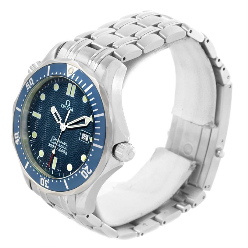 The image shows a side-angle view of an Omega Seamaster 2541.80.00 Men
s Stainless Steel Blue Dial 2541.80.00 Men
s Stainless Steel Blue Dial watch, revealing the face, bezel, crown, and part of the stainless steel bracelet.