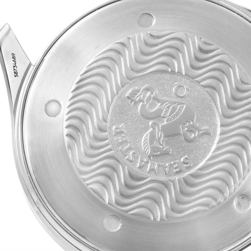 The image shows the back case of an Omega Seamaster 2541.80.00 Men
s Stainless Steel Blue Dial 2541.80.00 Men
s Stainless Steel Blue Dial watch with the wavy pattern and the Seamaster logo.