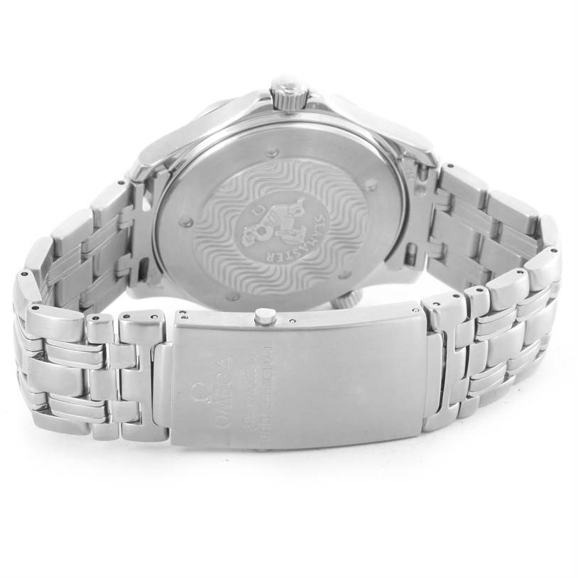 The image shows the back case and clasp of an Omega Seamaster 2531.80.00 Men
s Stainless Steel Blue Dial 2531.80.00 Men
s Stainless Steel Blue Dial watch at an angled rear view.