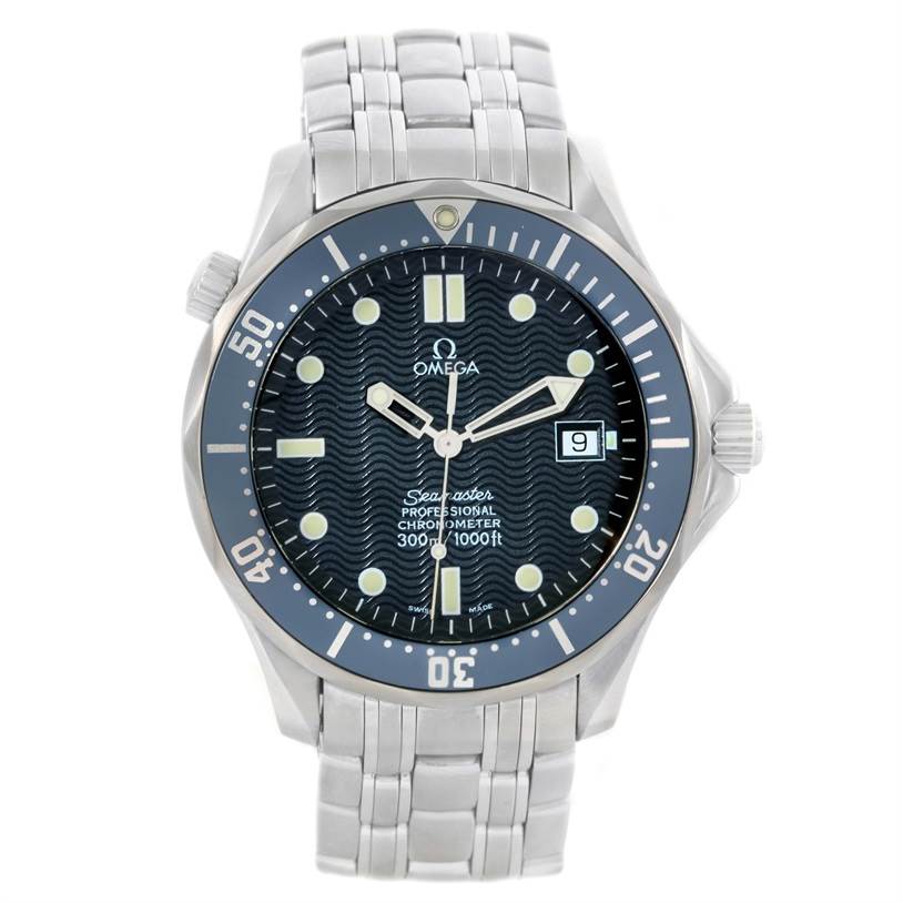 The image shows a front view of an Omega Seamaster 2531.80.00 Men
s Stainless Steel Blue Dial 2531.80.00 Men
s Stainless Steel Blue Dial watch, highlighting the dial, bezel, bracelet, and crown.