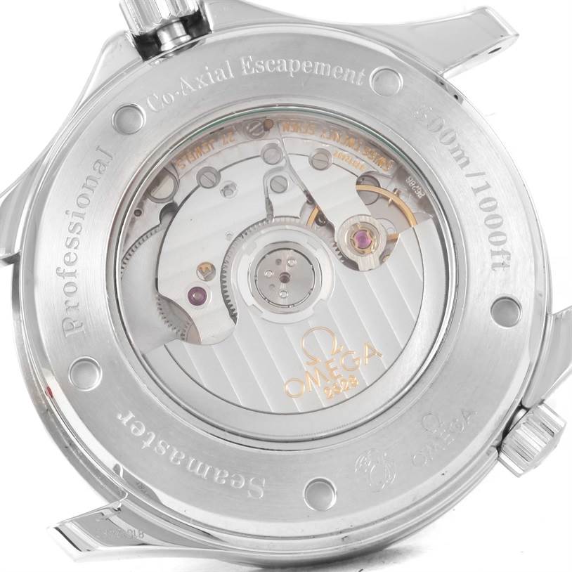 The image shows the case back of an Omega Seamaster 2535.80.00 Men
s Blue Dial 2535.80.00 Men
s Blue Dial watch, highlighting its movement and detailed engravings.