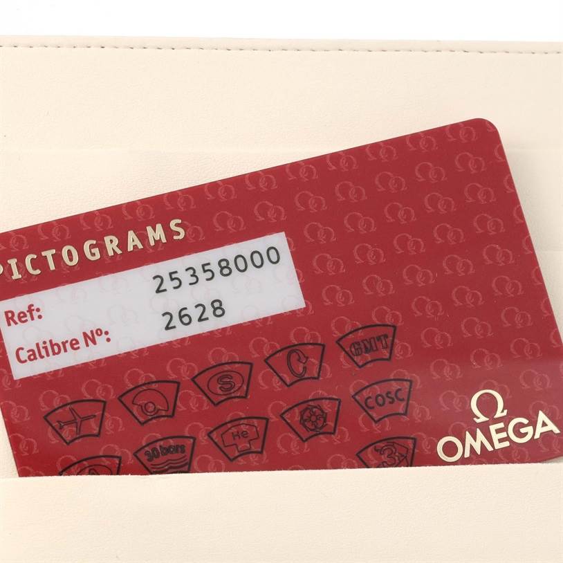 This is an image of a red Omega Pictograms card displaying the reference number and calibre number for a Seamaster model.