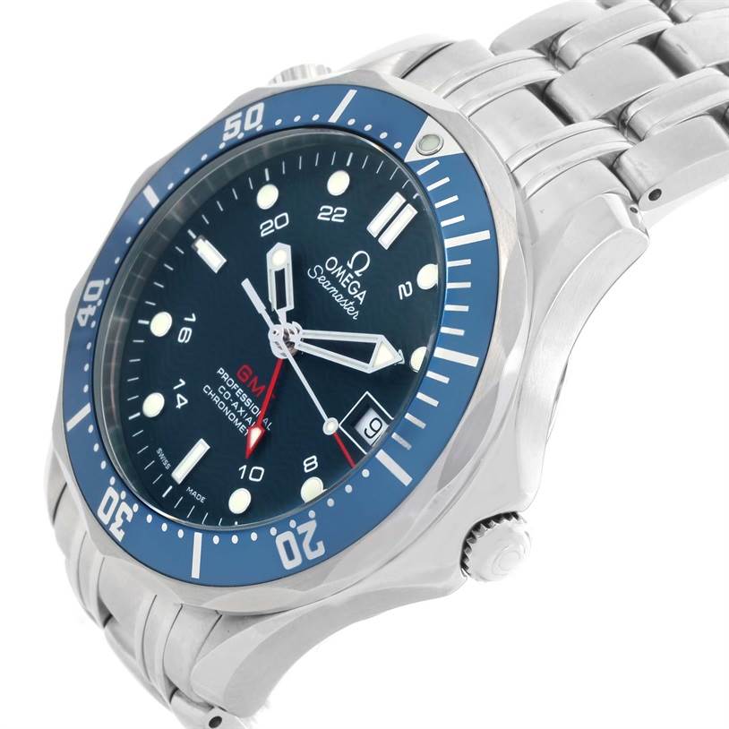 This Omega Seamaster 2535.80.00 Men
s Blue Dial 2535.80.00 Men
s Blue Dial watch is shown at a slight angle, highlighting its dial, bezel, and stainless steel bracelet.