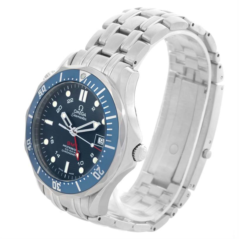 The Omega Seamaster 2535.80.00 Men
s Blue Dial 2535.80.00 Men
s Blue Dial watch is shown at an angled side view, displaying the face, bezel, crown, and stainless steel bracelet.
