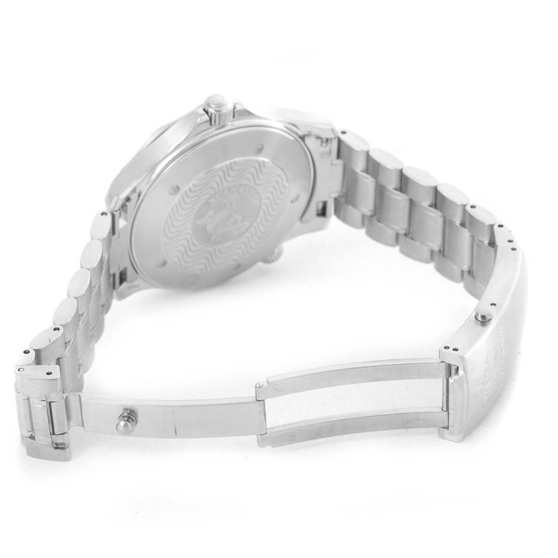 The image shows the back view and bracelet clasp of an Omega Seamaster 2254.50.00 Men
s Stainless Steel Black Dial 2254.50.00 Men
s Stainless Steel Black Dial watch, with the case back and part of the bracelet visible.