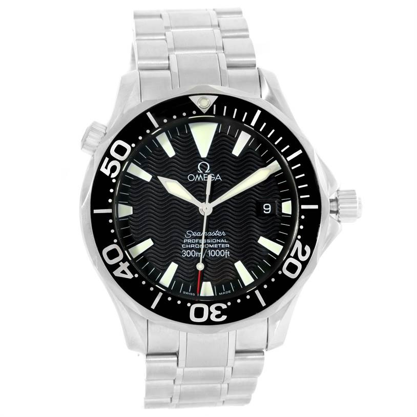The Omega Seamaster 2254.50.00 Men
s Stainless Steel Black Dial 2254.50.00 Men
s Stainless Steel Black Dial watch is shown from the front, displaying the dial, bezel, and the attached metal bracelet.