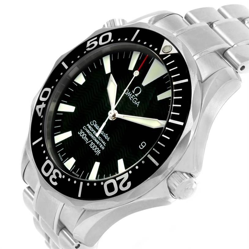 The image shows a close-up angle of the Omega Seamaster 2254.50.00 Men
s Stainless Steel Black Dial 2254.50.00 Men
s Stainless Steel Black Dial watch, highlighting the face, bezel, and part of the stainless steel bracelet.