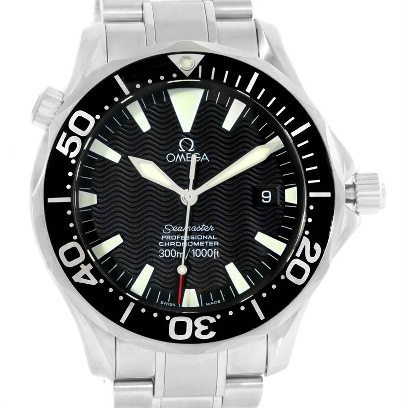 The image shows a front view of the Omega Seamaster 2254.50.00 Men
s Stainless Steel Black Dial 2254.50.00 Men
s Stainless Steel Black Dial watch, highlighting its black bezel, dial, and stainless steel bracelet.