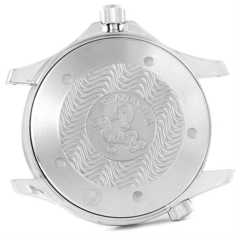 The image shows the case back of an Omega Seamaster 2254.50.00 Men
s Stainless Steel Black Dial 2254.50.00 Men
s Stainless Steel Black Dial watch, featuring an engraved design with the brand
s logo.