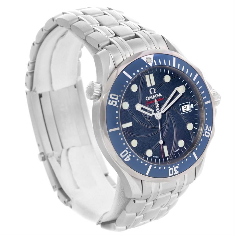 The image shows an Omega Seamaster 2226.80.00 Men
s Stainless Steel Blue Dial 2226.80.00 Men
s Stainless Steel Blue Dial watch at a three-quarter angle, highlighting the face, bezel, bracelet, and crown.