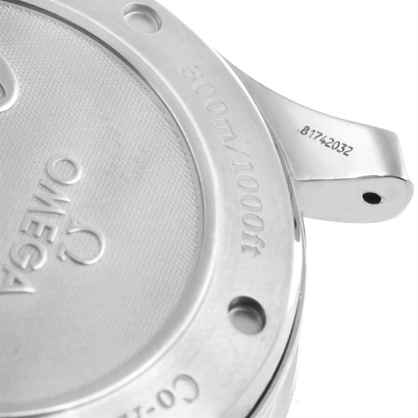 The image shows a close-up view of the back case of an Omega Seamaster 2226.80.00 Men
s Stainless Steel Blue Dial 2226.80.00 Men
s Stainless Steel Blue Dial watch.