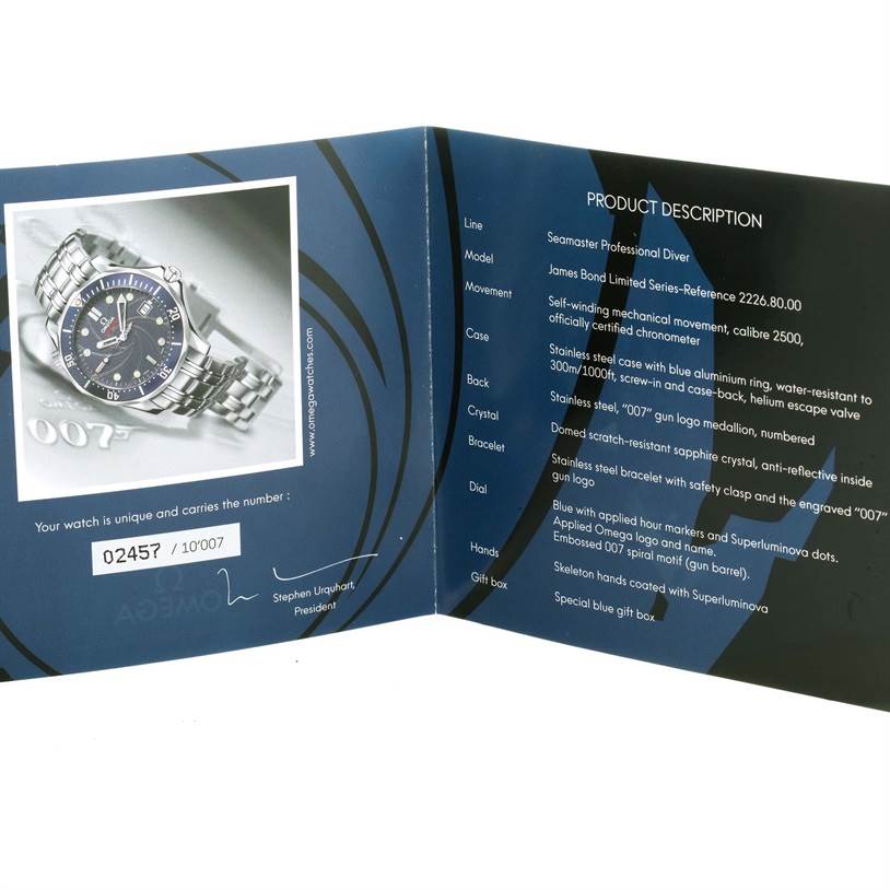 The image shows an Omega Seamaster 2226.80.00 Men
s Stainless Steel Blue Dial 2226.80.00 Men
s Stainless Steel Blue Dial Professional Diver watch at an angle along with its product description booklet.