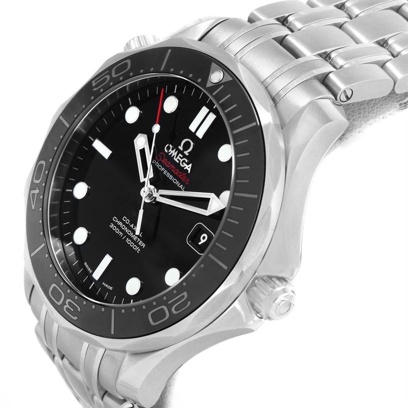 The image shows a side-angle view of an Omega Seamaster 212.30.41.20.01.003 Men
s Stainless Steel Black Dial 212.30.41.20.01.003 Men
s Stainless Steel Black Dial watch, displaying the dial, bezel, crown, and part of the bracelet.