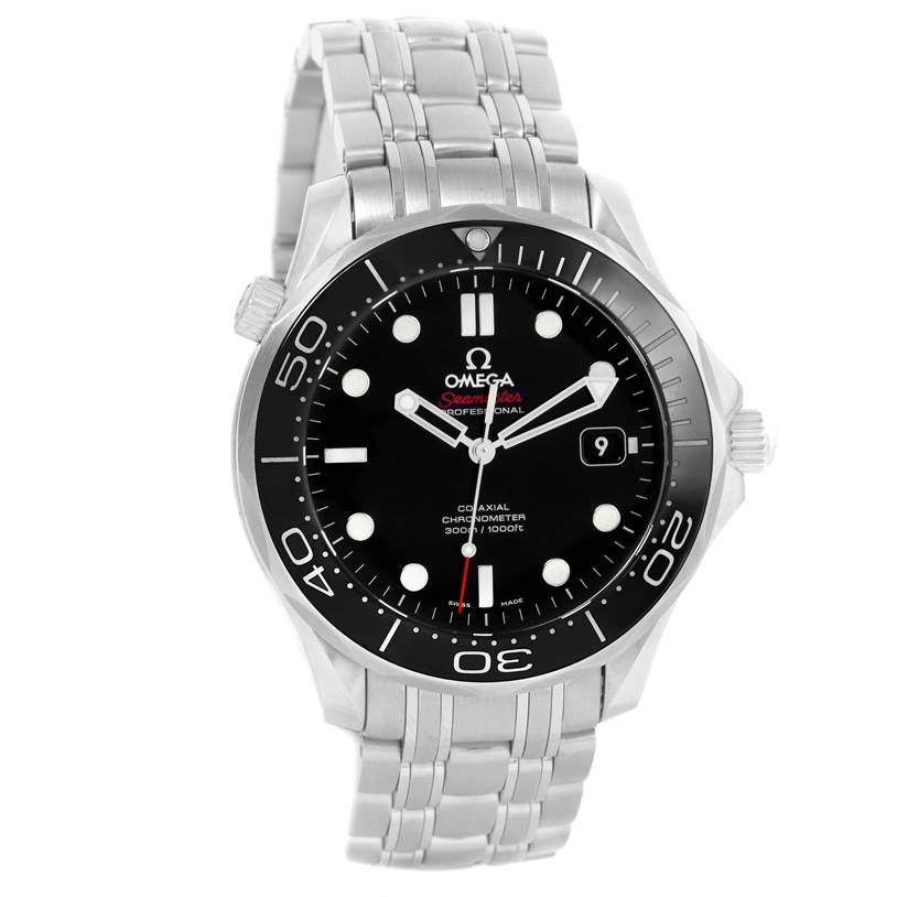 The image shows a front view of an Omega Seamaster 212.30.41.20.01.003 Men
s Stainless Steel Black Dial 212.30.41.20.01.003 Men
s Stainless Steel Black Dial watch, highlighting the dial, bezel, and stainless steel bracelet.