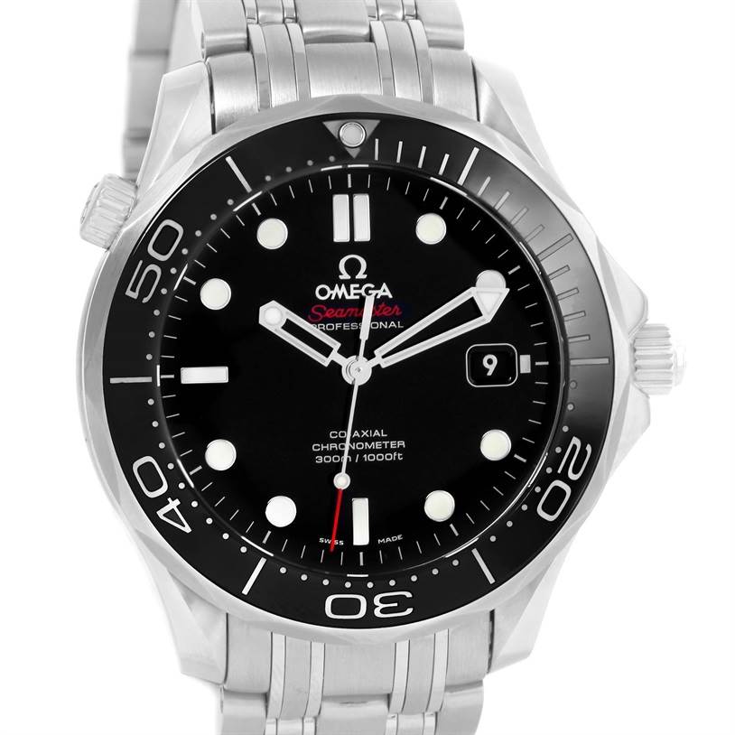 This image shows the front view of the Omega Seamaster 212.30.41.20.01.003 Men
s Stainless Steel Black Dial 212.30.41.20.01.003 Men
s Stainless Steel Black Dial watch, highlighting its dial, bezel, and bracelet.