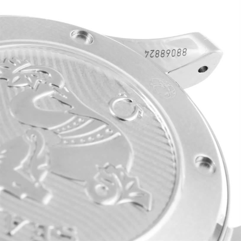 This image shows the case back of an Omega Seamaster 212.30.41.20.01.003 Men
s Stainless Steel Black Dial 212.30.41.20.01.003 Men
s Stainless Steel Black Dial watch, highlighting its embossed design and serial number.