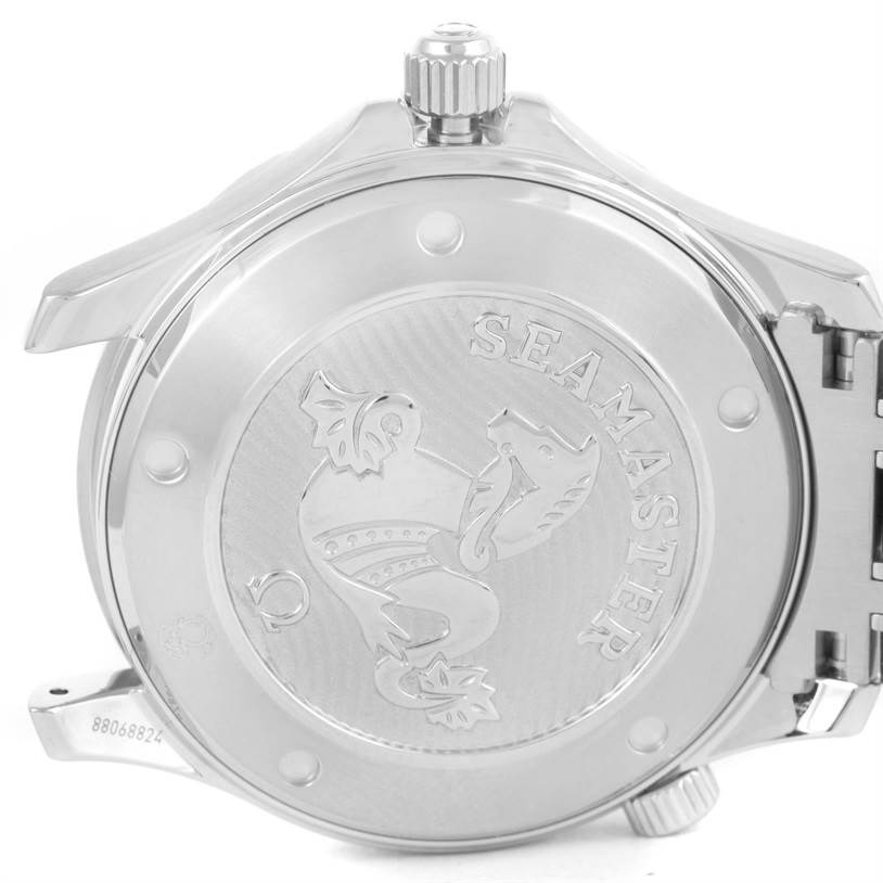 The image shows the back case of an Omega Seamaster 212.30.41.20.01.003 Men
s Stainless Steel Black Dial 212.30.41.20.01.003 Men
s Stainless Steel Black Dial watch including the crown and part of the bracelet.