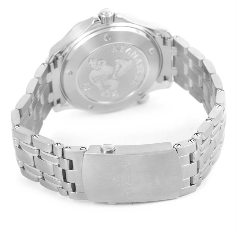 The image shows the back side of the Omega Seamaster 212.30.41.20.01.003 Men
s Stainless Steel Black Dial 212.30.41.20.01.003 Men
s Stainless Steel Black Dial watch, focusing on the case back and the metal bracelet with its clasp.