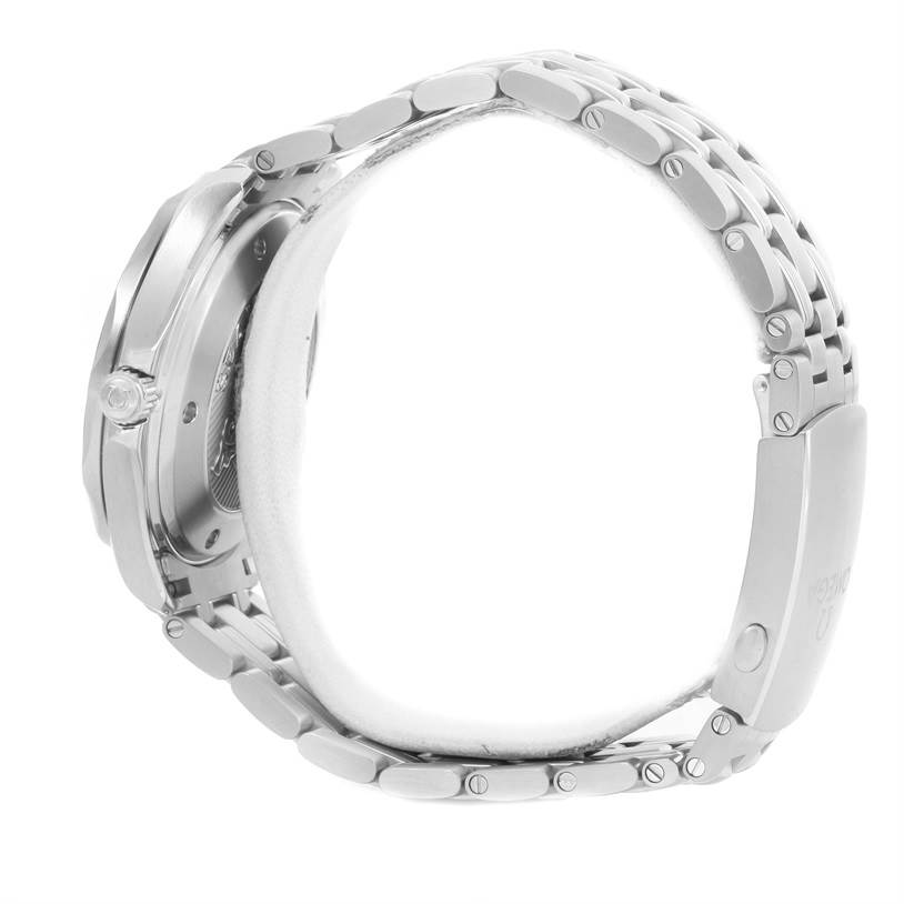 The image shows a side view of an Omega Seamaster 212.30.41.20.01.003 Men
s Stainless Steel Black Dial 212.30.41.20.01.003 Men
s Stainless Steel Black Dial watch, highlighting its case, crown, and metal bracelet.