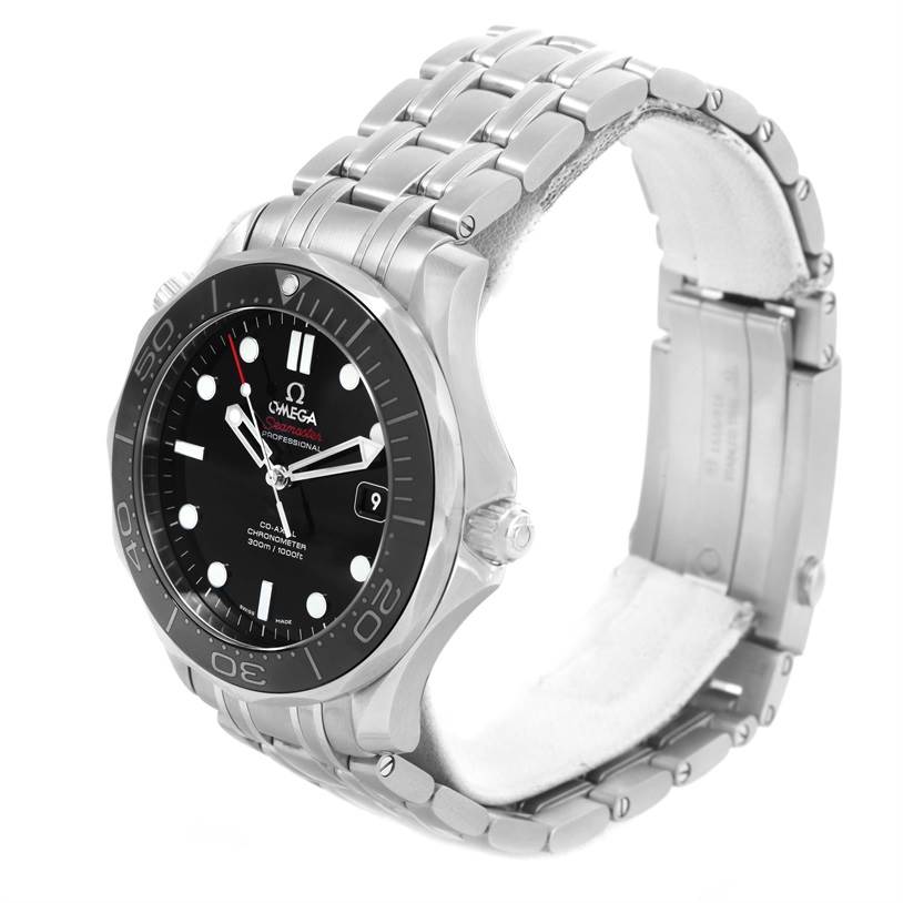 The image shows a side-angled view of an Omega Seamaster 212.30.41.20.01.003 Men
s Stainless Steel Black Dial 212.30.41.20.01.003 Men
s Stainless Steel Black Dial watch with its face, bezel, crown, and stainless steel bracelet visible.