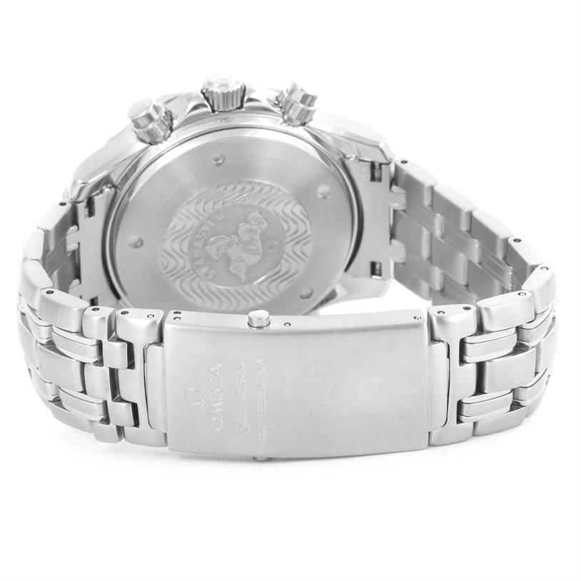 The image shows the back view of an Omega Seamaster 2599.80.00 Men
s Stainless Steel Blue Dial 2599.80.00 Men
s Stainless Steel Blue Dial watch, highlighting its case back, crown, pushers, and bracelet.