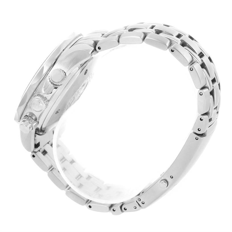 The image shows a side view of the Omega Seamaster 2599.80.00 Men
s Stainless Steel Blue Dial 2599.80.00 Men
s Stainless Steel Blue Dial watch, highlighting the bracelet, chronograph pushers, and crown.