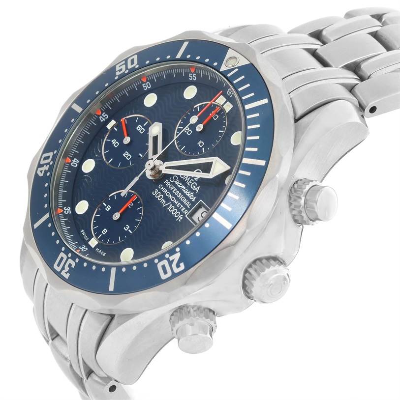 The Omega Seamaster 2599.80.00 Men
s Stainless Steel Blue Dial 2599.80.00 Men
s Stainless Steel Blue Dial watch is shown at an angle, highlighting its blue dial, bezel, and stainless steel bracelet.
