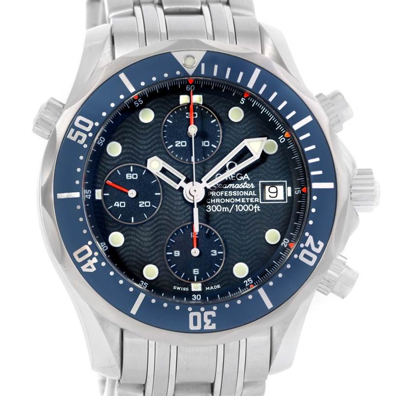 The image shows a front view of an Omega Seamaster 2599.80.00 Men
s Stainless Steel Blue Dial 2599.80.00 Men
s Stainless Steel Blue Dial watch, highlighting its dial, bezel, and bracelet.