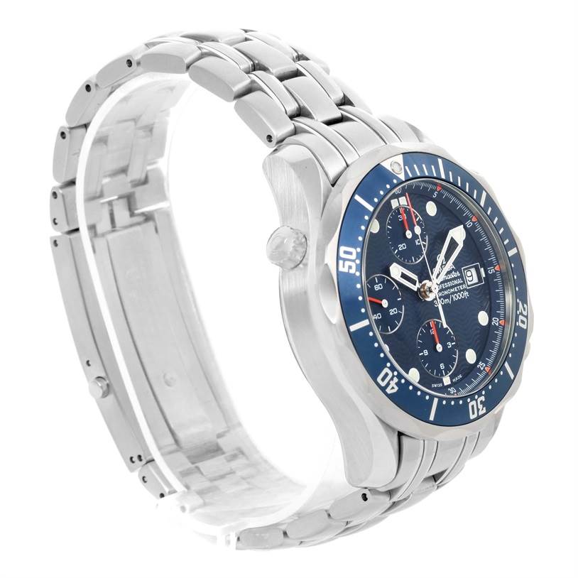 The image shows an angled side view of an Omega Seamaster 2599.80.00 Men
s Stainless Steel Blue Dial 2599.80.00 Men
s Stainless Steel Blue Dial watch, highlighting its bezel, dial, crown, and metal bracelet.