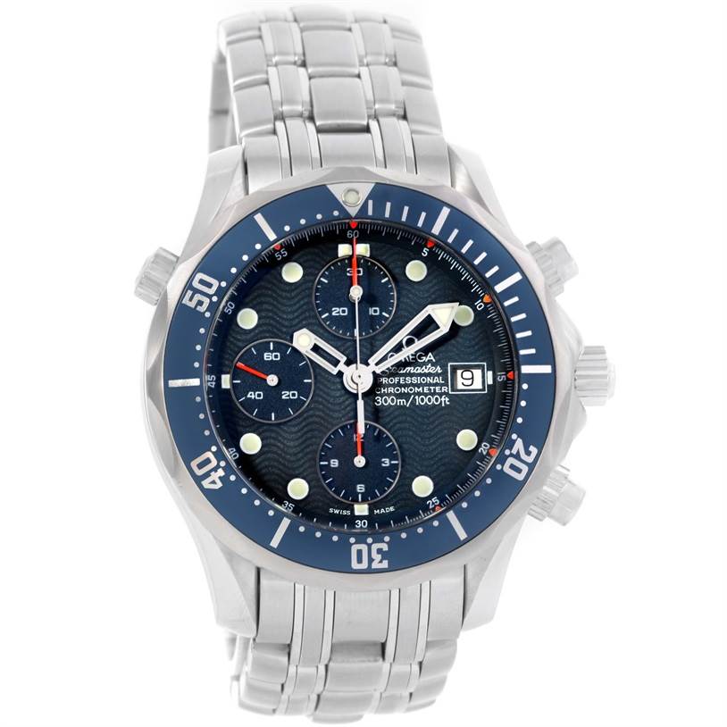 The image shows a front angle of an Omega Seamaster 2599.80.00 Men
s Stainless Steel Blue Dial 2599.80.00 Men
s Stainless Steel Blue Dial watch, highlighting its blue dial, chronograph subdials, and stainless steel bracelet.